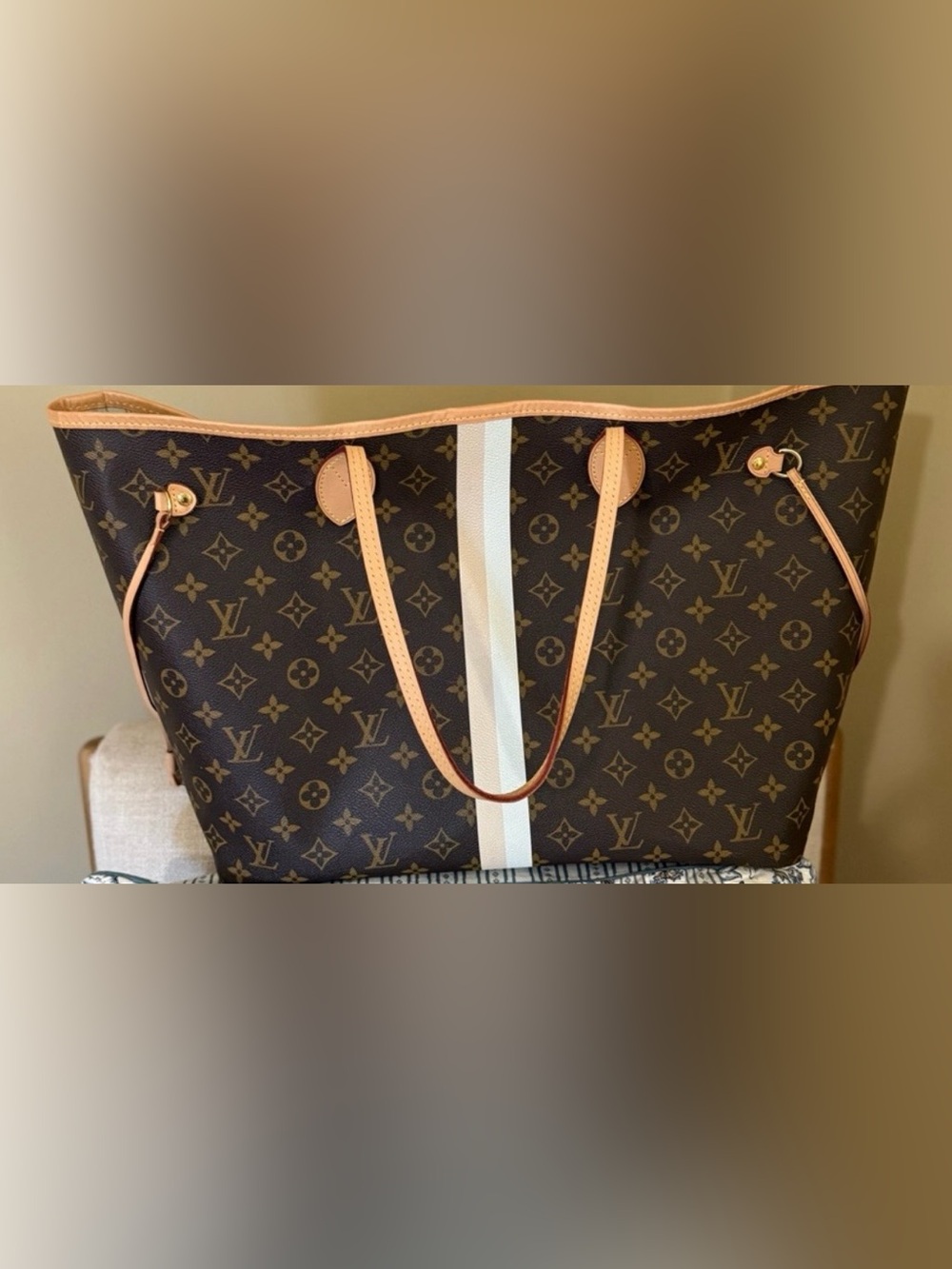 Louis Vuitton Brown Monogram GM Tote with White Center Stripe